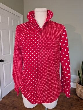 Polka Dot Women's Red Button Up Shirt Retro Cotton Statement Top Size XL Fits M
